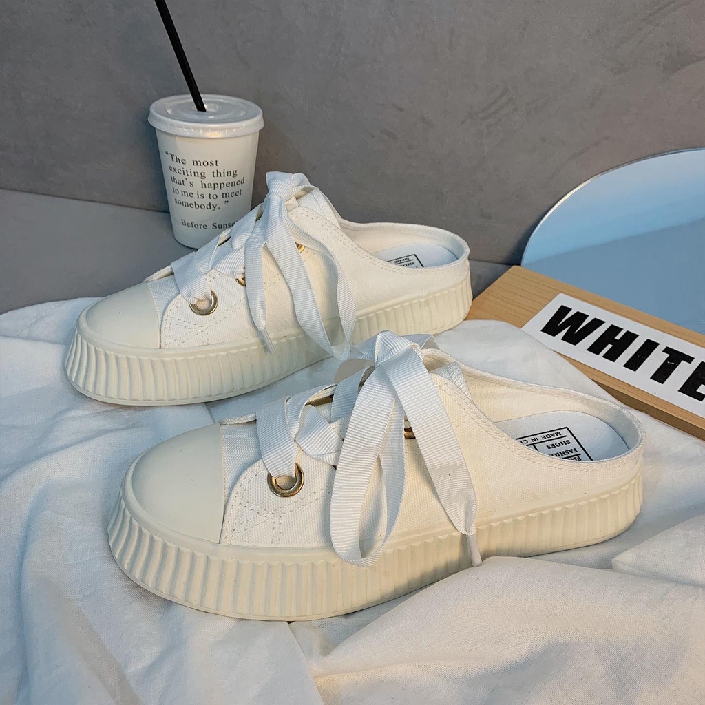 Giày canvas hở gót phối ruy băng thời trang mùa hè cho nữ | BigBuy360 - bigbuy360.vn