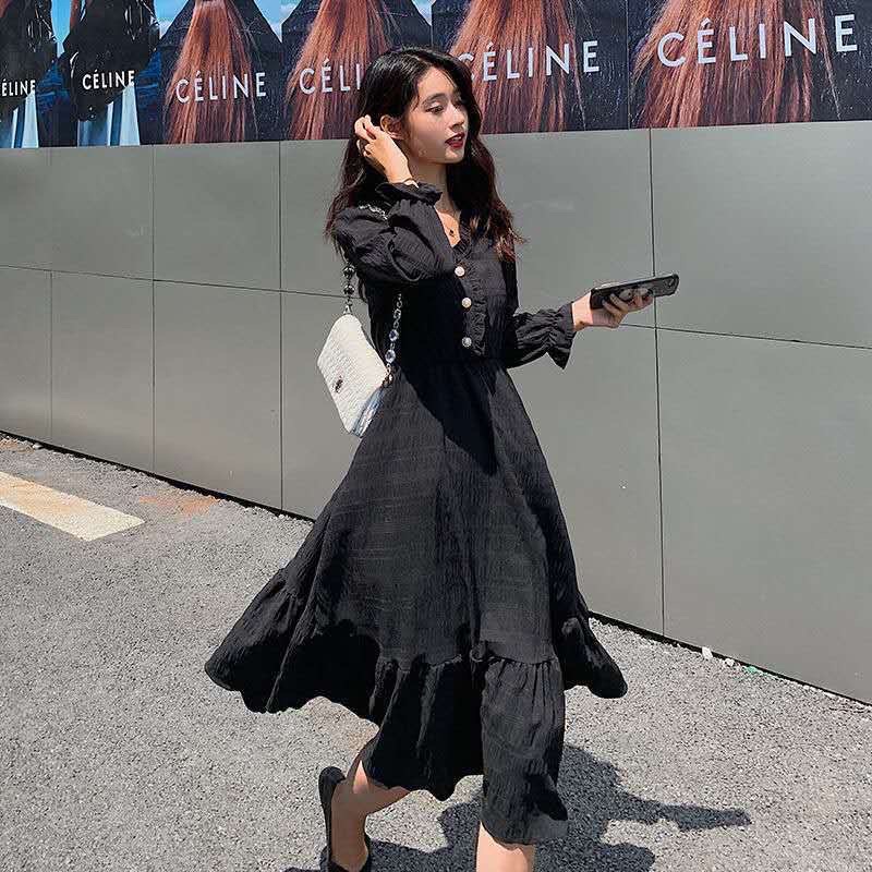 Đầm tiểu thư dáng dài khuy đính ngực đơn giản nhẹ nhàng phong cách hàn quốc dài tay | BigBuy360 - bigbuy360.vn