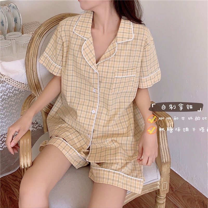 Set đồ ngủ Pyjama sọc caro vàng Basic hàn quốc
