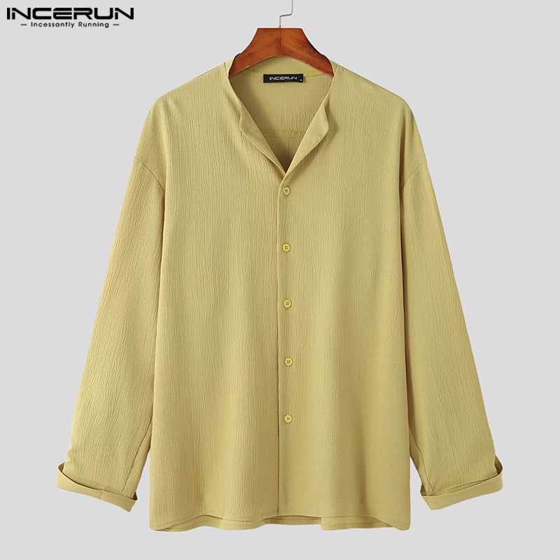 Áo sơ mi INCERUN tay dài cổ chữ V màu trơn có nút cài thời trang cho nam
