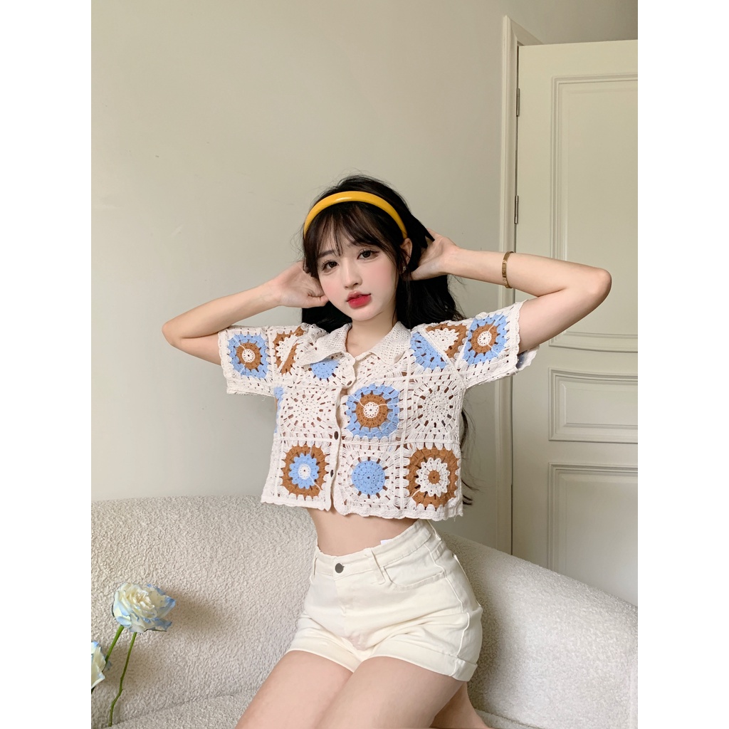 LALISAS Áo Dệt Kim Ngắn Tay Phối Lỗ Thời Trang Hàn Quốc Dễ Phối Đồ