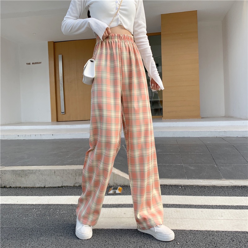 Plaid Tight Waist Wide-legged Pants Women Feel Straight Tube Large Size Fat MM Casual Loose-fitting Trousers Women's Autumn Dress Wholesale