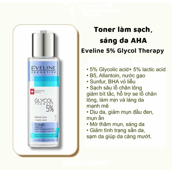 Toner (nước hoa hồng) Eveline Glycol Therapy 5% se khít chân lông - chai 110ml