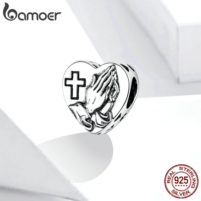 Hạt Xỏ Vòng Tay Bamoer BSC317 Bằng Bạc 925 Kiểu Trái Tim Họa Tiết Bàn Tay Cầu Nguyện Để Làm Trang Sức DIY