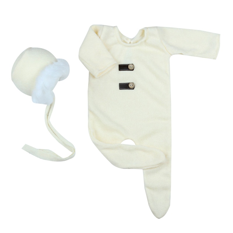 Bộ 2 Món Áo Liền Quần Dệt Kim + Mũ Beanie Dễ Thương Dùng Làm Phụ Kiện Chụp Ảnh Cho Bé Sơ Sinh