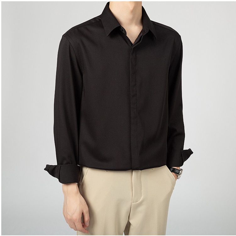 Áo Sơ Mi Nam Dài Tay kiểu giấu cúc Đen Trắng Nâu Xanh Dáng Ôm Cổ Bẻ Hàn Quốc Vải Lụa Nến