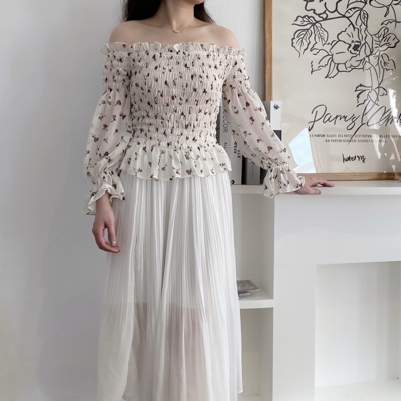 Áo trễ vai tay dai áo trễ vai Hàn Quốc hoa nhí phong cách tiểu thư sang chảnh | BigBuy360 - bigbuy360.vn