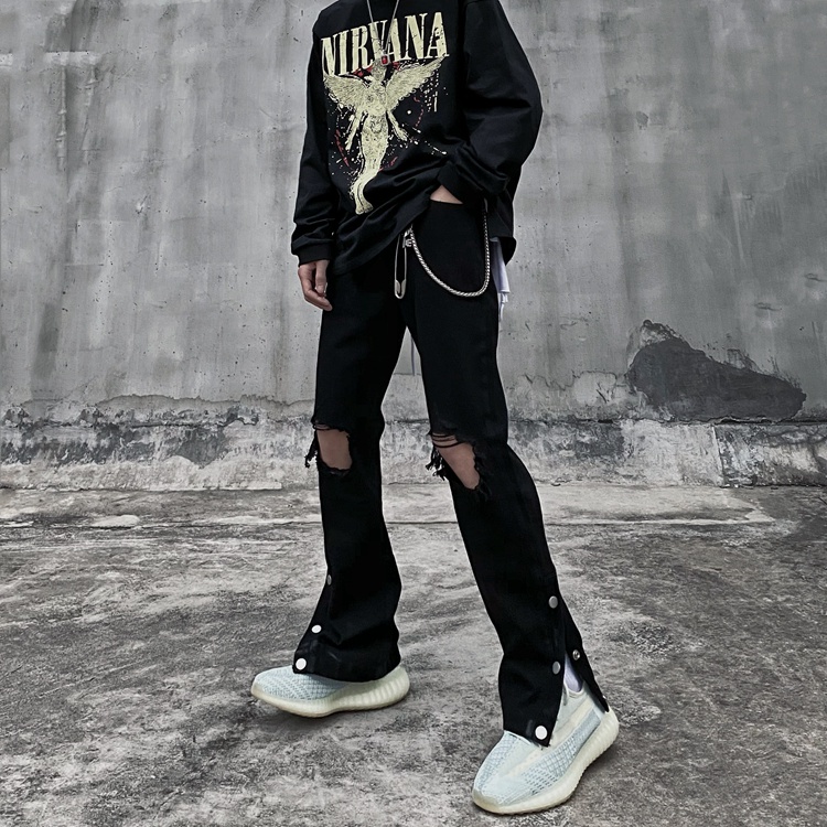 Quần jean dài dáng ôm xẻ tà phối rách phong cách retro đường phố cá tính dành cho nam