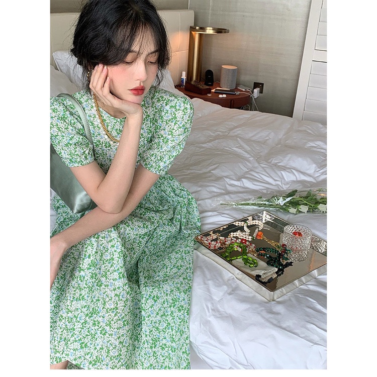 Đầm dài IELGY dáng chữ A lưng cao màu xanh lá kiểu Pháp thời trang hè cho nữ