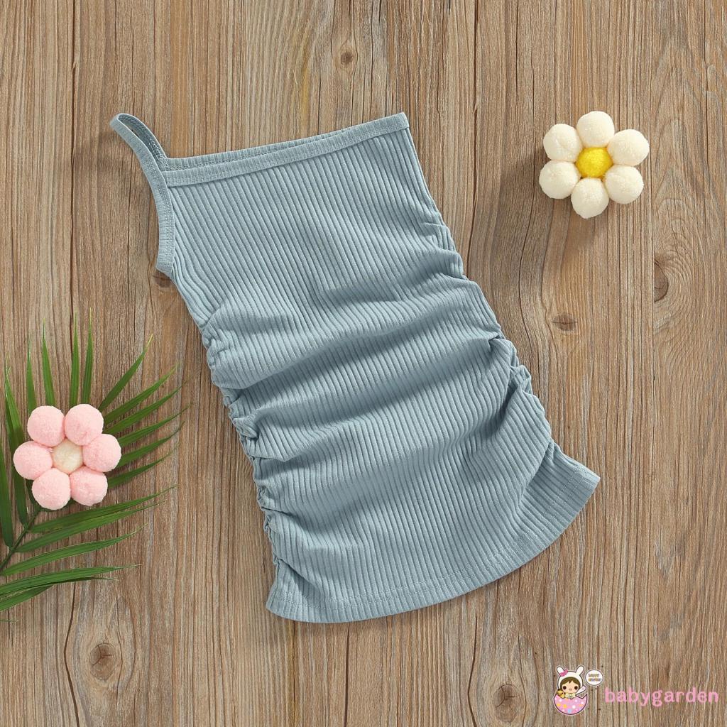 BABYGARDEN-1-6years Baby Girls Casual Dress Solid Color Ribbed Sleeveless Sling One Shoulder Summer Beach Dress