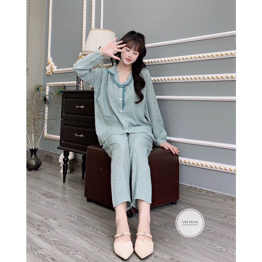 Bộ đồ bầu và sau sinh kẻ cổ ren chất đẹp, có khóa kéo cho bé ti BD194