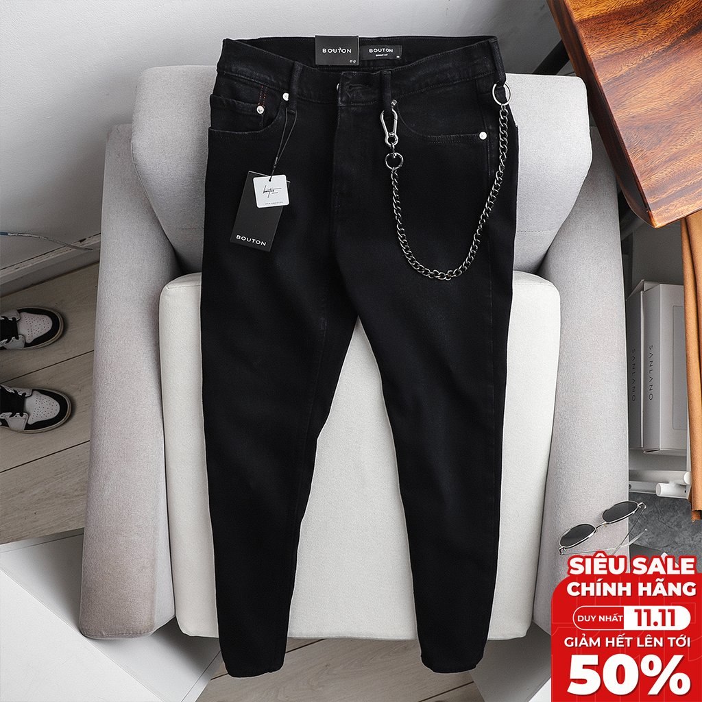 [Voucher Giảm 20k] Quần Jean Nam, Quần Bò Nam BOUTON Màu Đen Trơn, Form Skinny Phối Dây Xích, Co Giãn QJEC0004 160STORE.