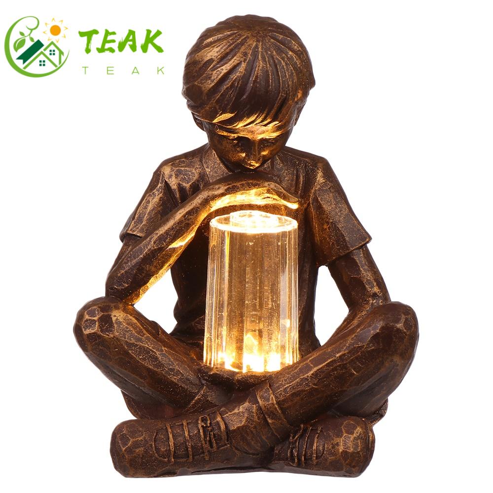 TEAK Gifts Boy with Fireflies Festival Decoration Sculpture with Light Resin Garden Boy LED Light Vintage Artistic Statue Holiday Ornament Garden Lights Statue Glimpses of God