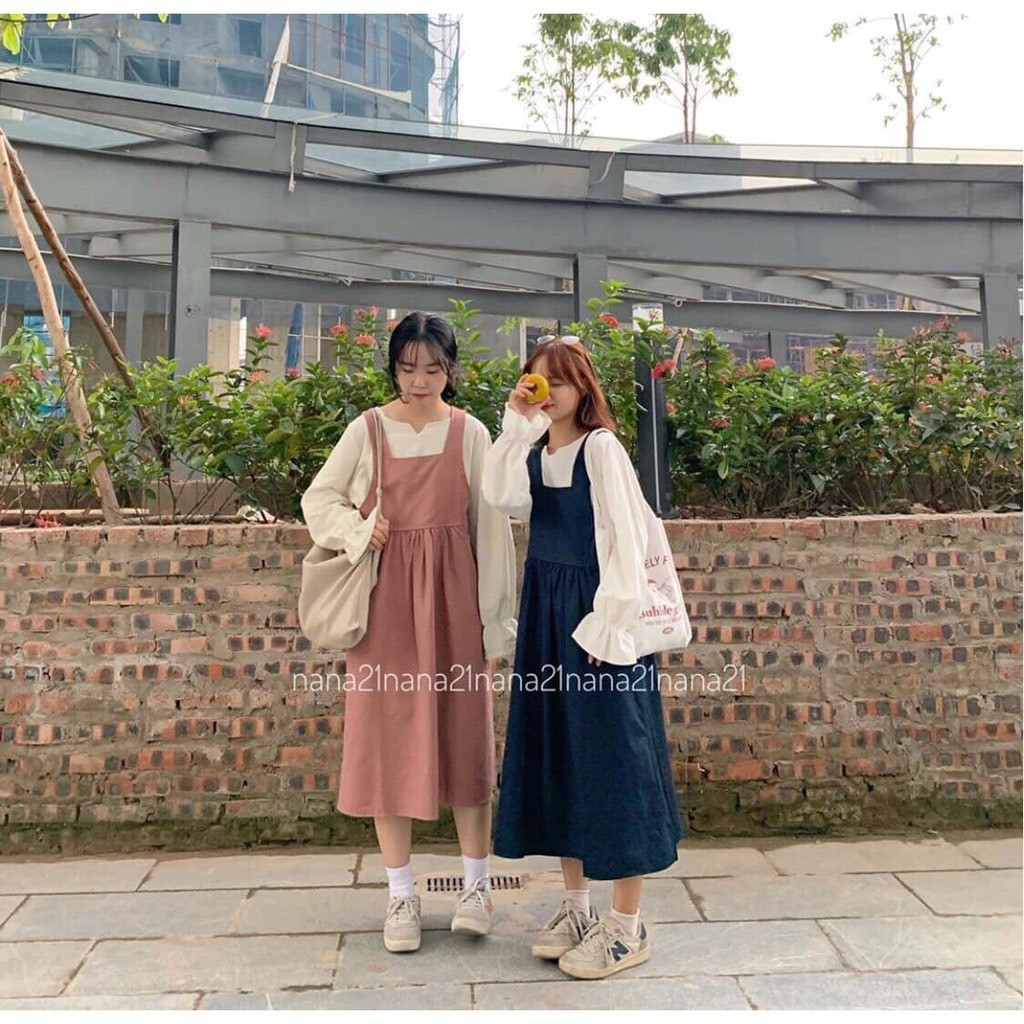 Set Ulzzang áo sơ mi váy yếm thô