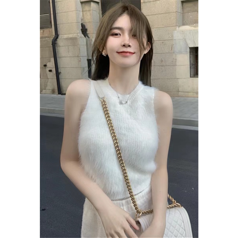 Kumikumi Áo Hai Dây Ngắn Màu Xám Lót Lông Thời Trang Mùa Hè Hàn Quốc Quyến Rũ Cho Nữ