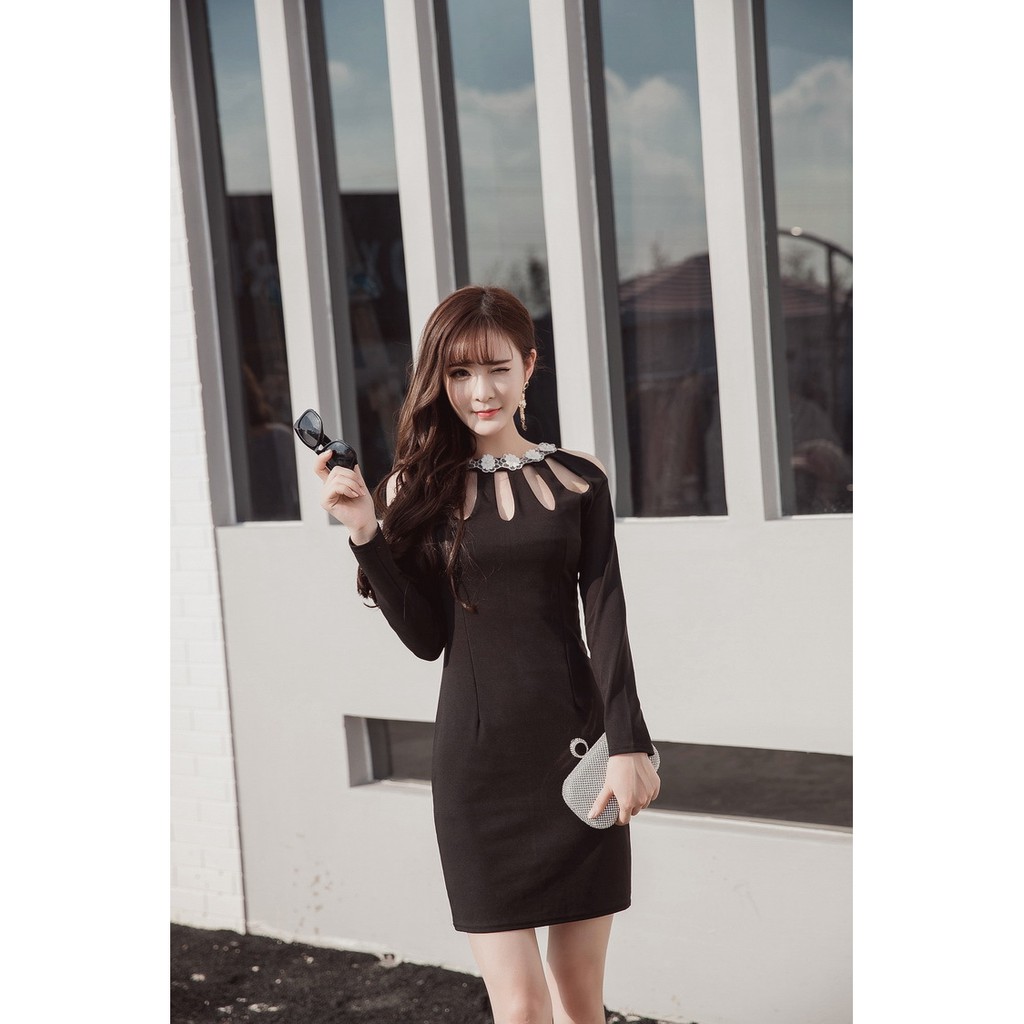 Váy liền, ôm thân tôn dáng, dáng bó, dài tay, sexy, họa tiết dập lỗ, màu đen, phong cách Hàn Quốc