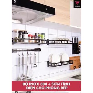 Bộ kệ nhà bếp dán tường inox Sơn tĩnh điện màu đen gồm kệ gia vị, kệ chén, giá để dao, kệ để thớt, móc treo muỗng