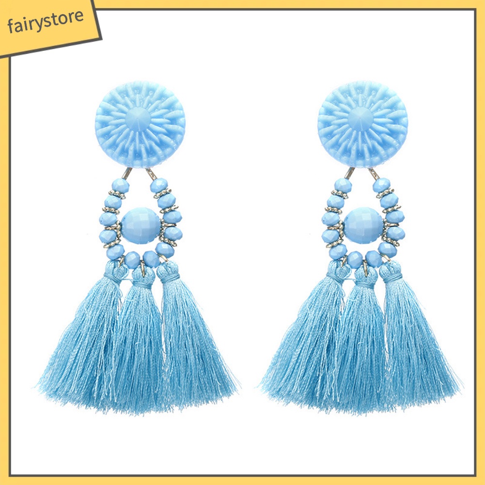 Khuyên Tai Chuỗi Đính Hạt Nhựa Phối Tua Rua Phong Cách Bohemian