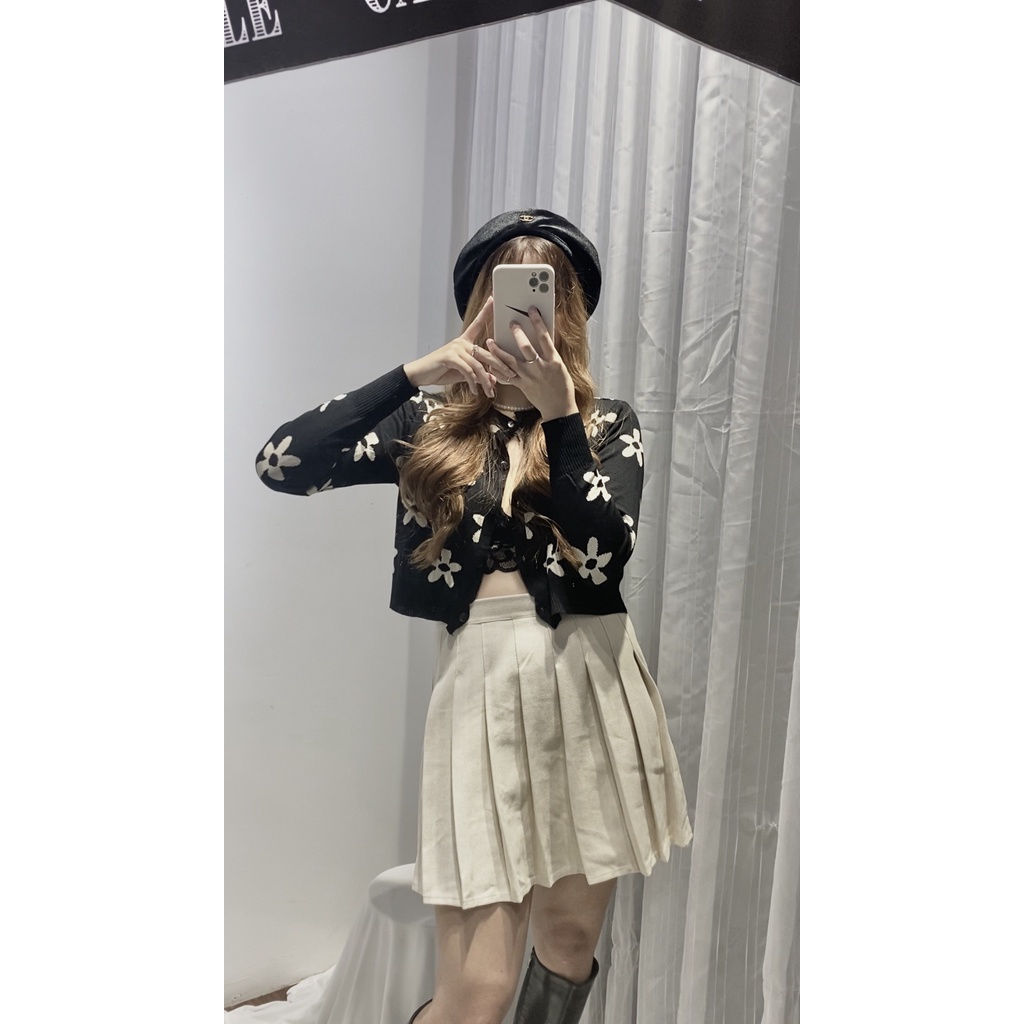 Áo cardigan len croptop họa tiết hoa tay dài cực xinh (Hoa màu be)