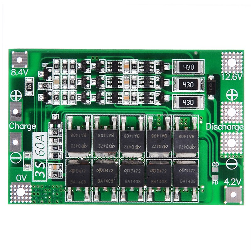 Bảng mạch bảo vệ pin lithium 3S 12.6V 60A 18650 BMS có cân bằng cho động cơ máy khoan