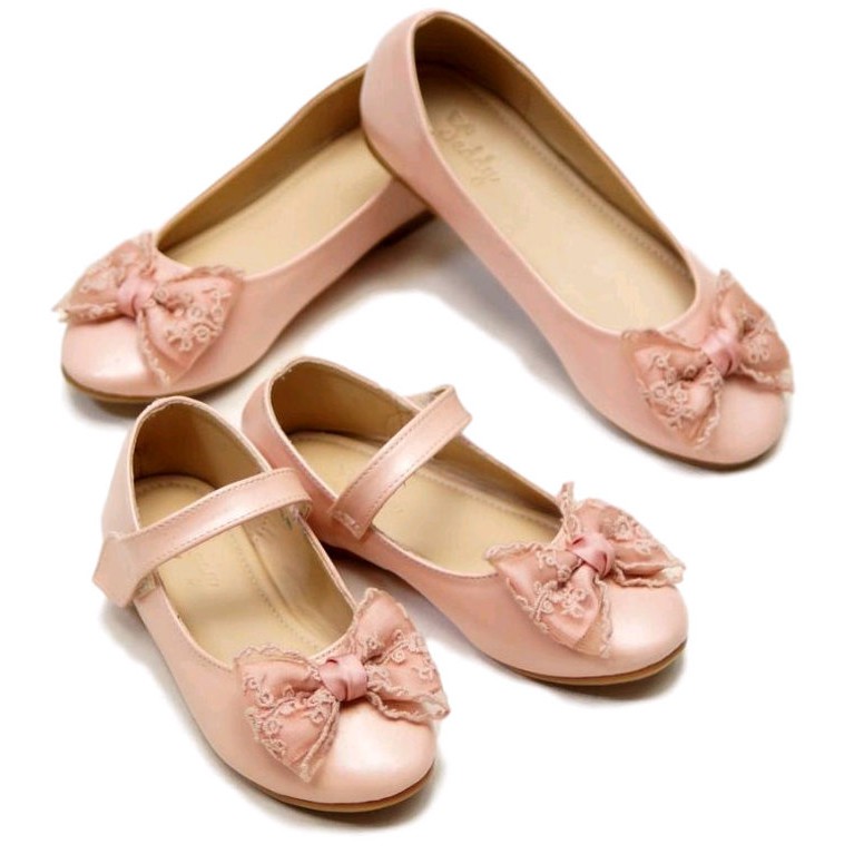 Giày búp bê bé gái, giày đôi mẹ và bé đính nơ handmade màu hồng nude