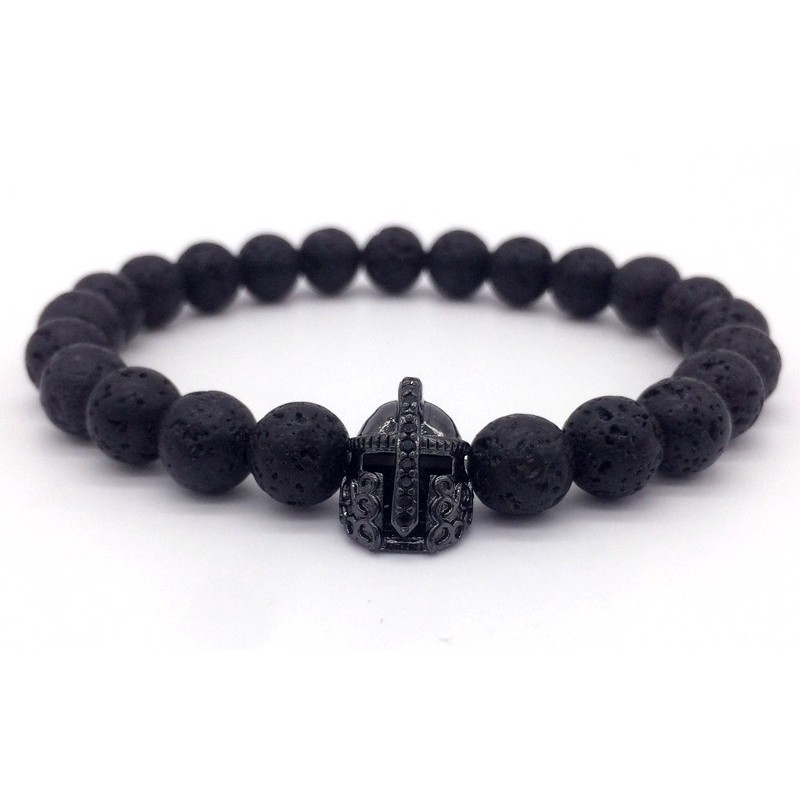 Vòng Tay Chuỗi Hạt Đá Núi Lửa Đen Mặt Hình Chiến Binh Sparta Roman Cổ Điển Cho Nam