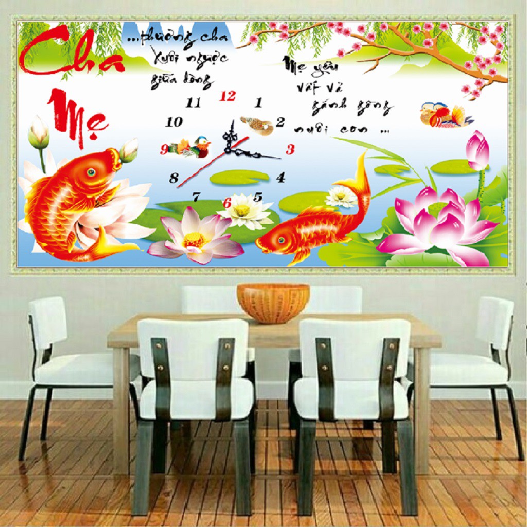 Tranh đính đá ĐỒNG HỒ CHA MẸ CÁ CHÉP HOA SEN VS071 - 82*50CM