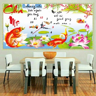 Tranh đính đá ĐỒNG HỒ CHA MẸ CÁ CHÉP HOA SEN VS071 - 82*50CM