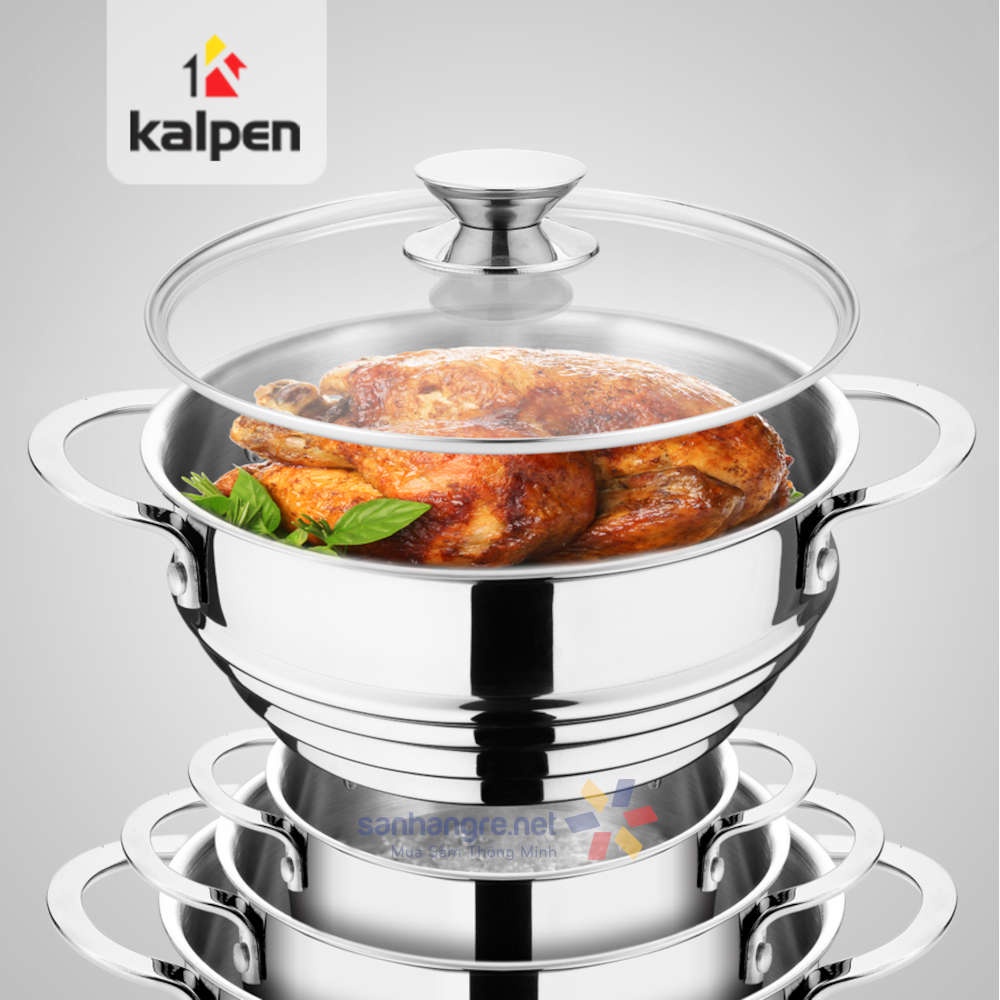 Xửng hấp Inox 304 thông minh 3 nấc 24-26-28cm Kalpen SSK-28 kèm vung kính