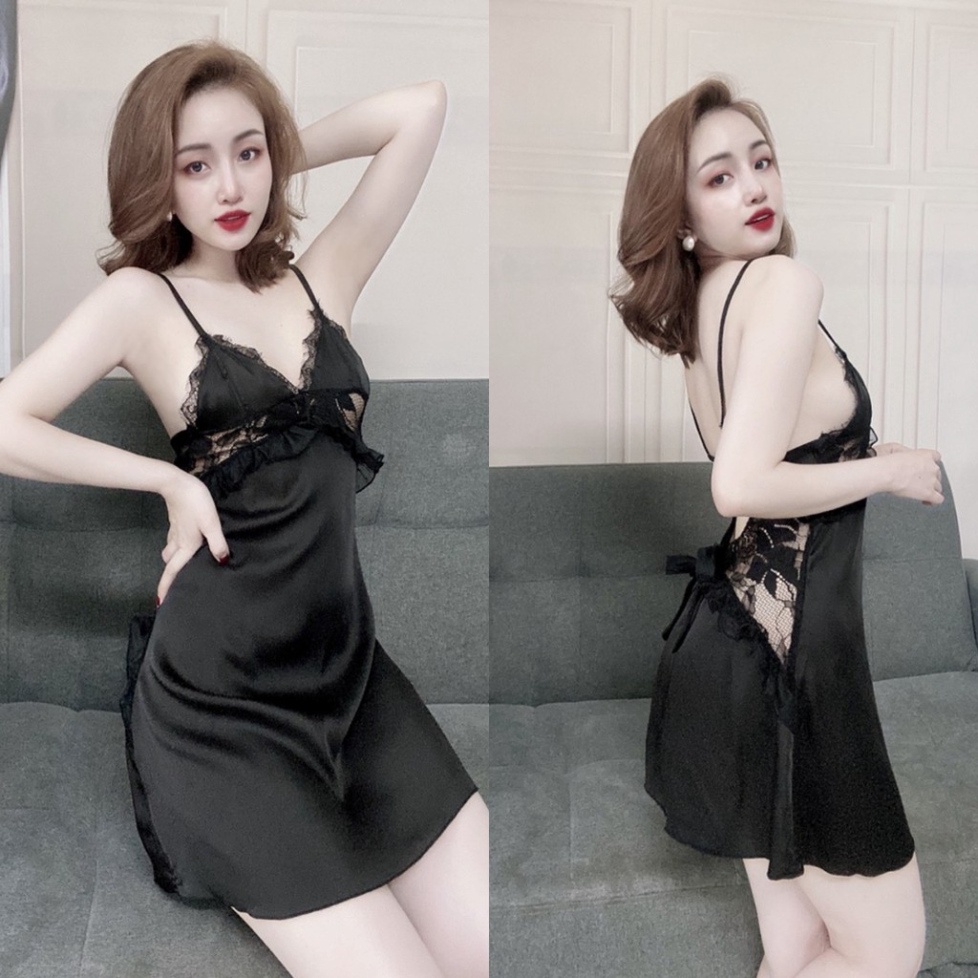 Đồ Ngủ Sexy Lụa Satin Đầm Cột Nơ Sau Kèm Quần Chip Cao Cấp Boody BV05 | BigBuy360 - bigbuy360.vn