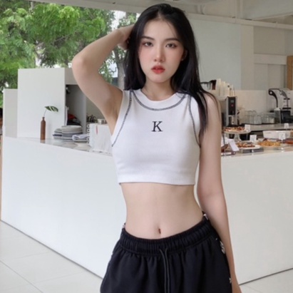 Áo thun croptop ba lỗ y2k trơn thêu chữ K, croptop viền chỉ, thun gân co giãn, nhiều màu Kill System