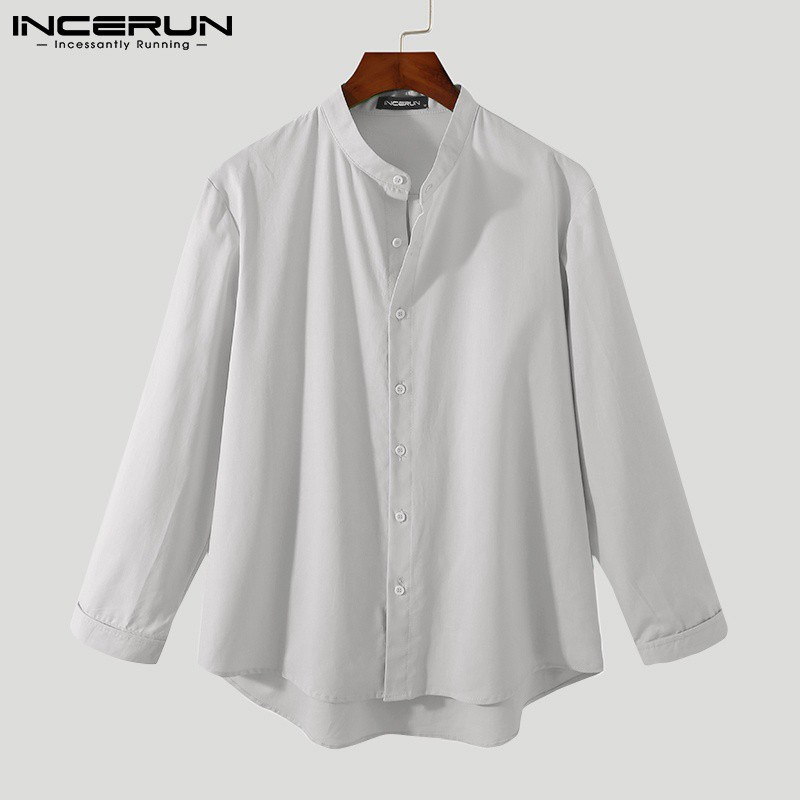 Áo sơ mi INCERUN tay dài màu trơn dáng rộng vải cotton thoải mái thời trang cho nam | BigBuy360 - bigbuy360.vn