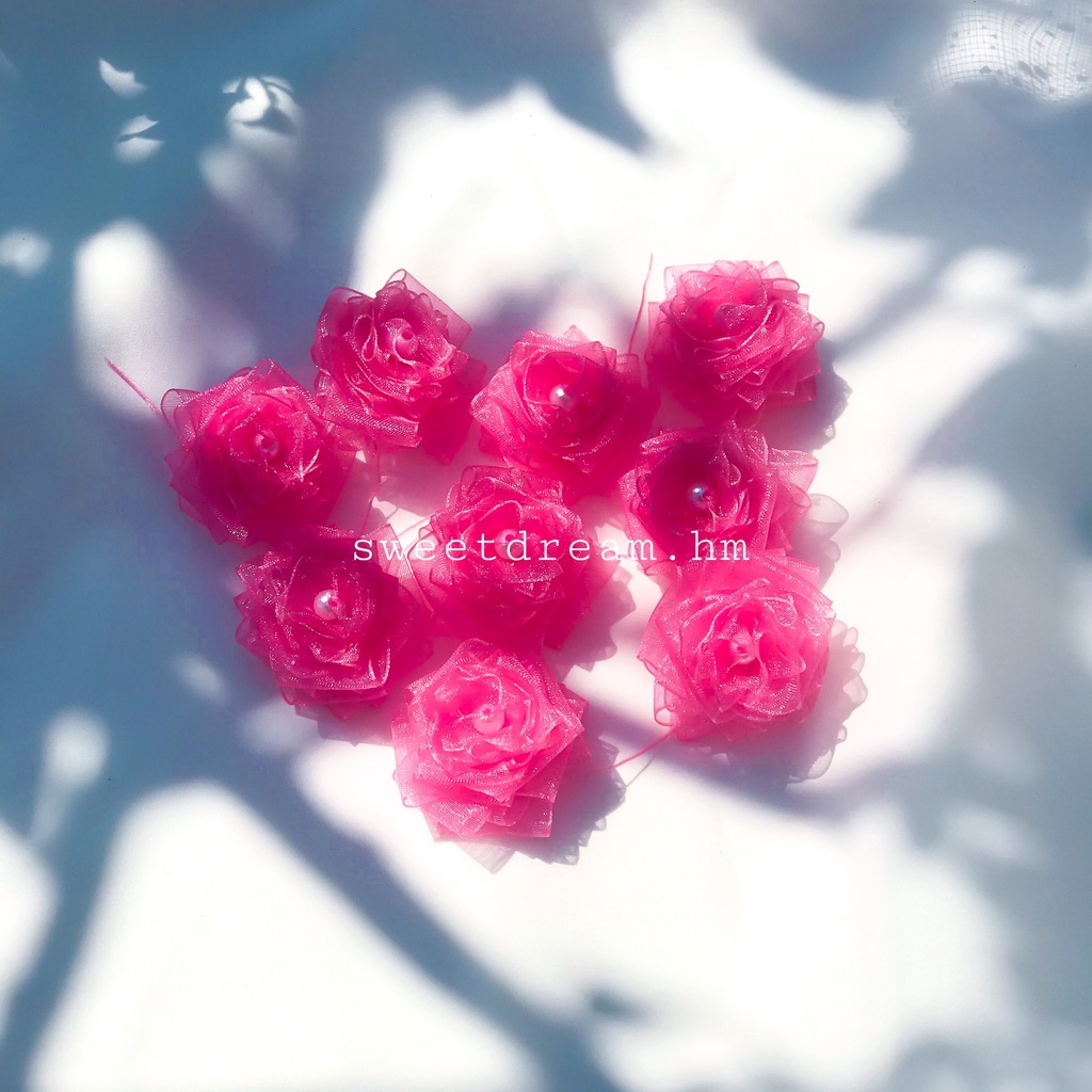 Set 10 bông hoa hồng ruy băng đính ngọc, dùng để trang trí, làm hoa bó, hoa cành