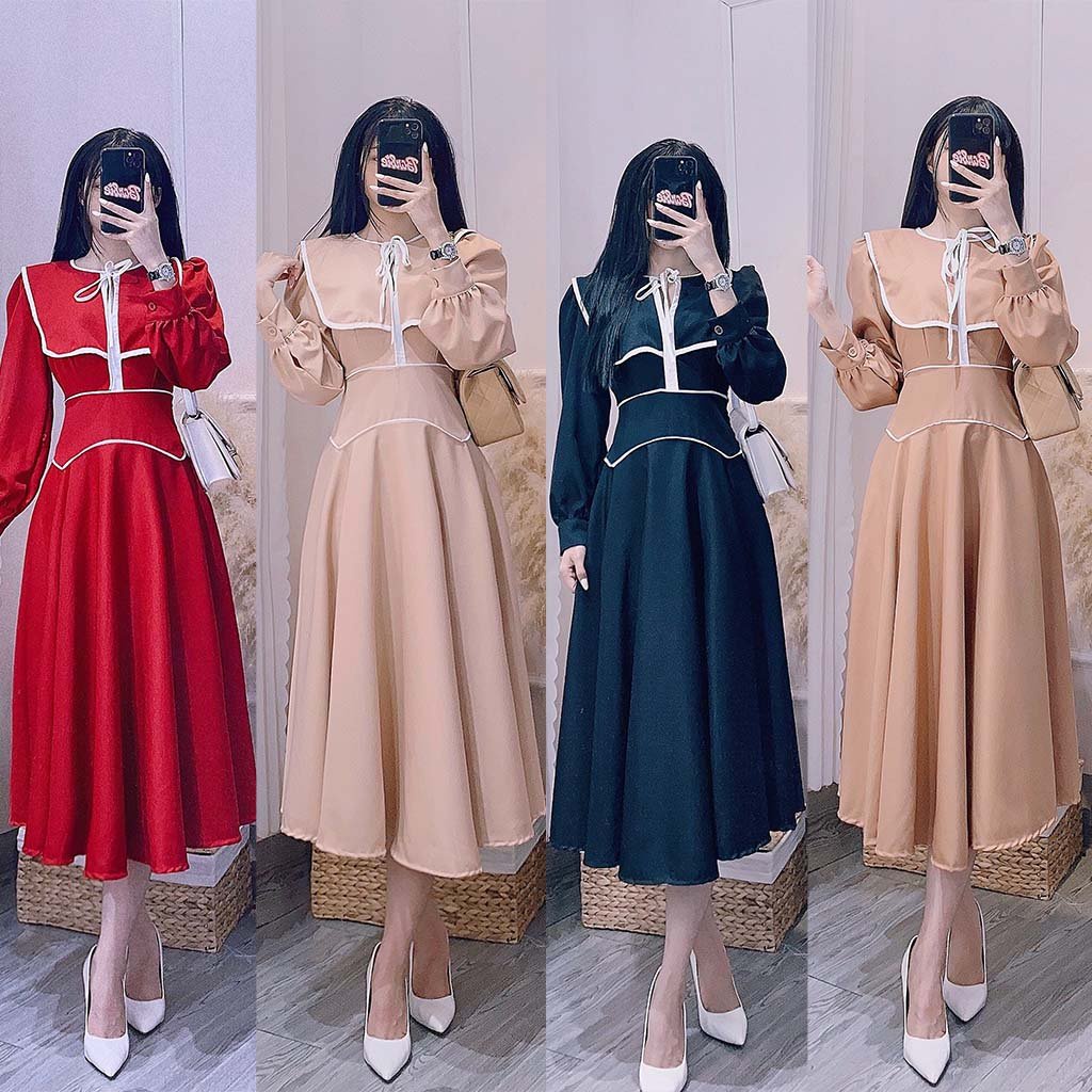 Váy Đầm Công Sở Dáng Dài Bèo Vai Chạy Viền - Đầm Maxi Dự Tiệc Thắt Eo Thanh Lịch