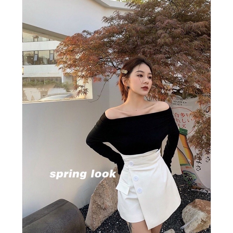 Set áo bẹt vai đen td x chân váy chéo nút