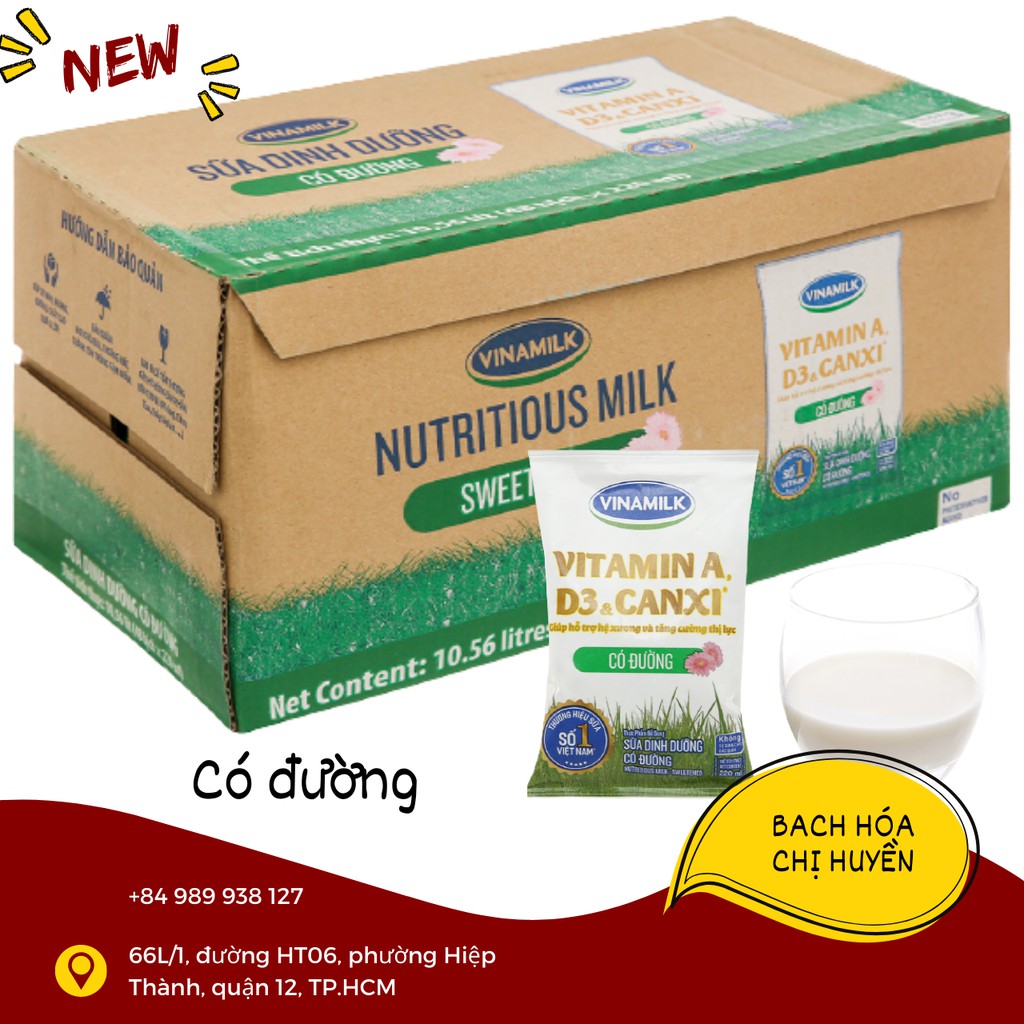 Thùng 48 bịch sữa dinh dưỡng có/ ít/ không đường Vinamilk A&D3 220ml