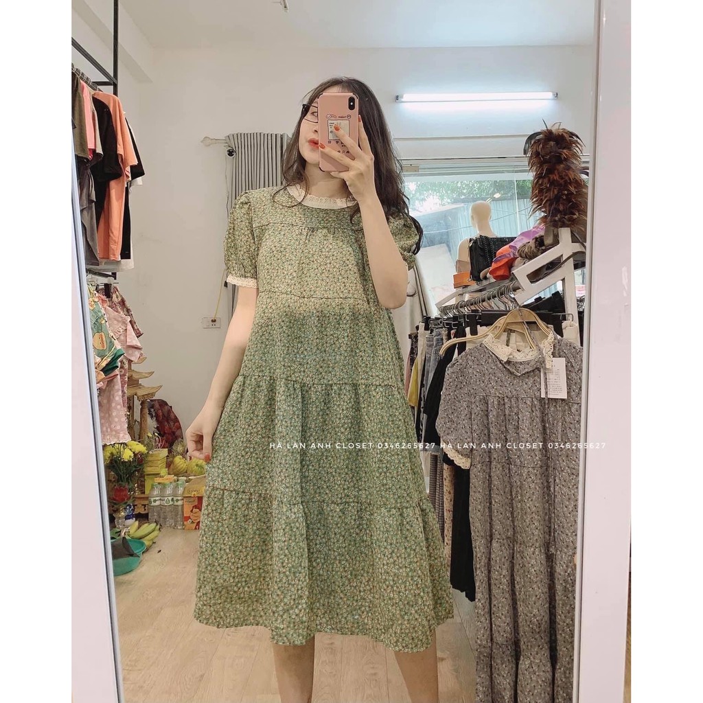 Váy Bầu Hoa Nhí Cổ Ren Mùa Hè Ngắn Tay Thiết Kế Xinh Xắn Vintage HD2821 Honey Mommy Đầm Bầu Công Sở Dáng Dài