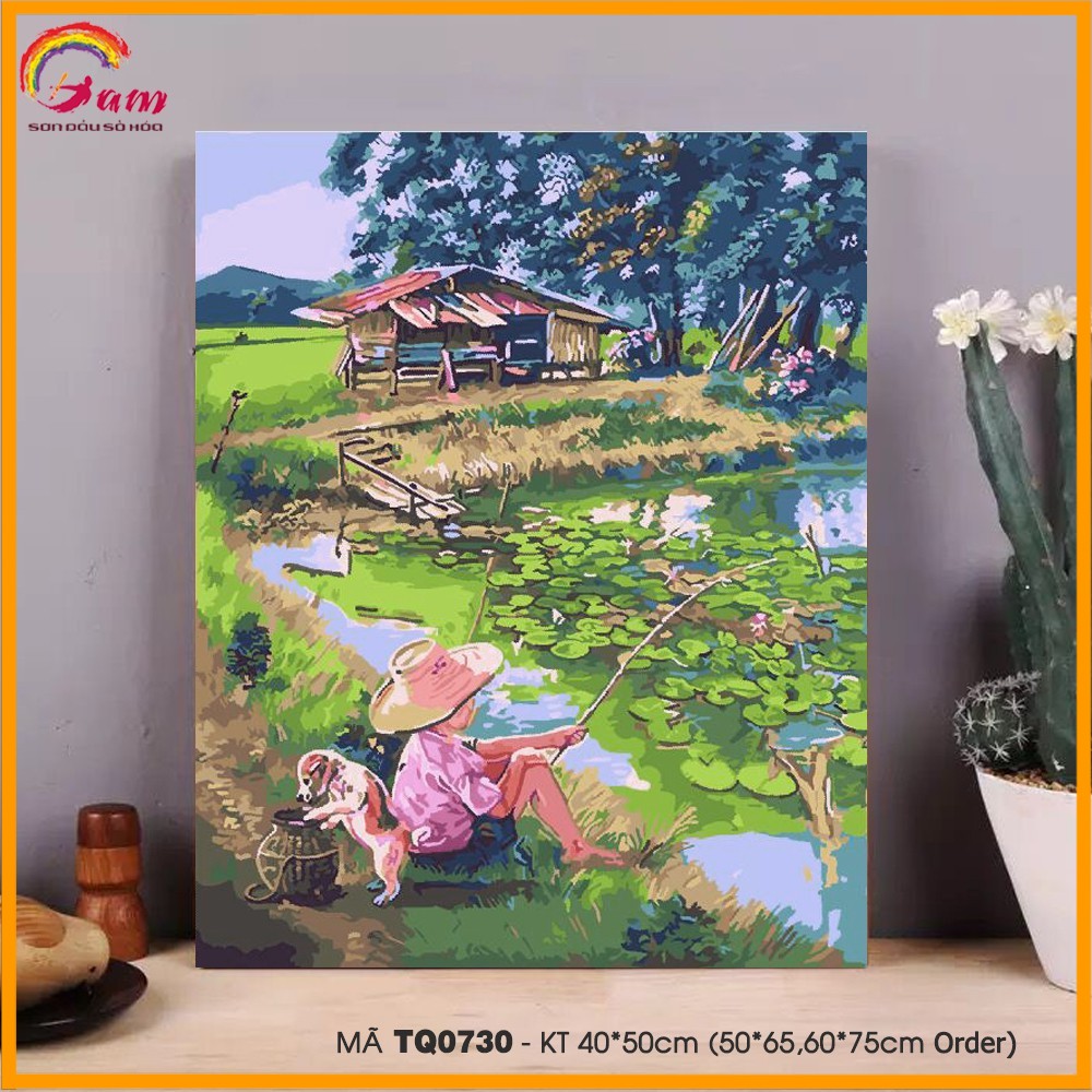 Tranh sơn dầu số hoá tự tô màu GAU phong cảnh làng quê Chú bé câu cá bên hồ  sen TQ0730 | Shopee Việt Nam
