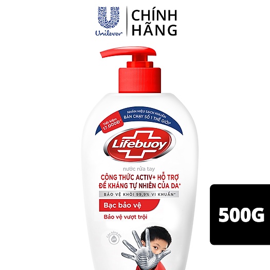 Nước rửa tay Lifebuoy chai 500g bạc bảo vệ khỏi 99,9% vi khuẩn ( mẫu mới )