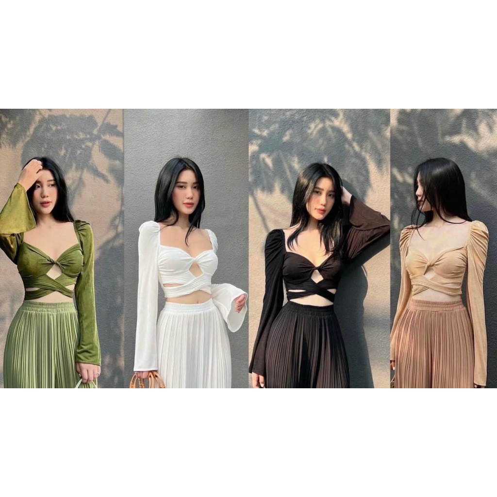Áo xoắn ngực cutout eo tay dài