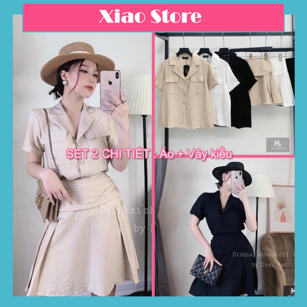Áo sơ mi cổ vest kèm chân váy ngắn cách điệu Vải đũi thái siêu cao cấp - áo vest cộc tay ulzzang xiao chất đẹp