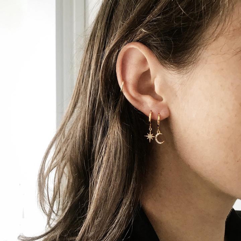 Women Fashion Geometric Asymmetrical Dangle Earring / Female Classic Star Moon Design Drop Earrings / Korean Ear Jewelry