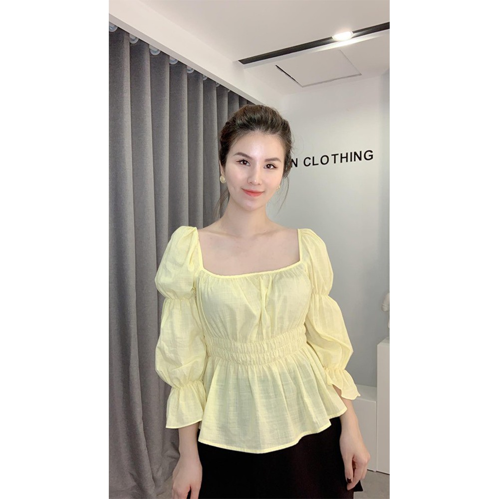 Áo kiểu nữ Linbi đủ size, màu vàng, chất liệu voan thoáng mát, kiểu dáng tay bồng Liin clothing SM2701