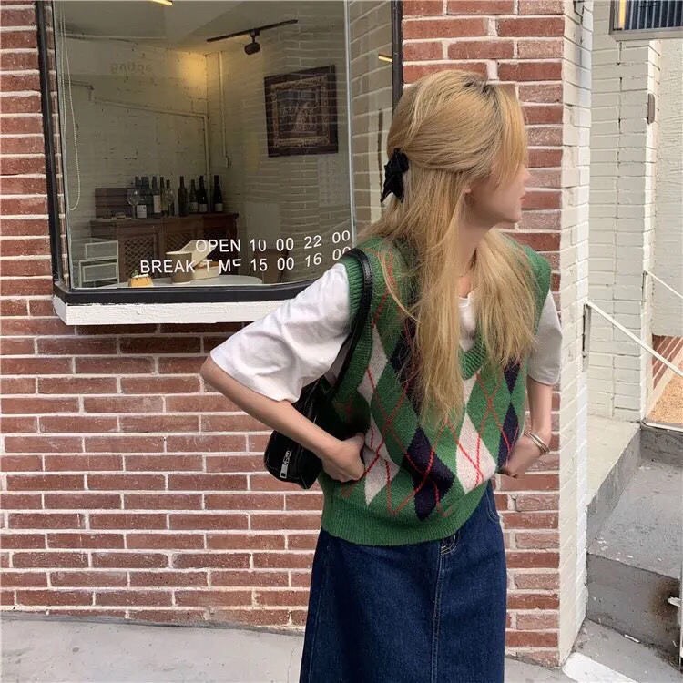 Áo gile len nữ phối màu kẻ caro to Freesize phong cách cá tính thời trang Hàn Quốc mùa thu đông M143HD | BigBuy360 - bigbuy360.vn