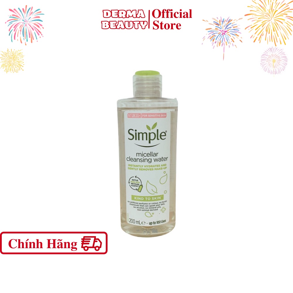Nước Tẩy Trang Simple Micellar Làm Sạch, Không Chứa Cồn, Không Gây Khô Rát 200ml