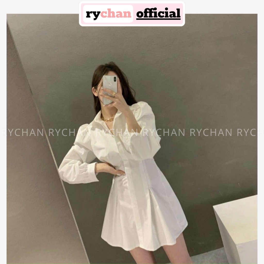 Đầm Sơ Mi Trắng Dáng Xòe Tay Dài Xếp Li Eo Phối Với Corset Cực Tráy Cho Các Chị Em - DX9831