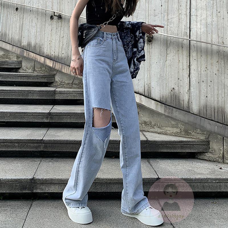 Quần Jeans Dài Lưng Cao Màu Sắc Trơn Dáng Rộng Dành Cho Nữ