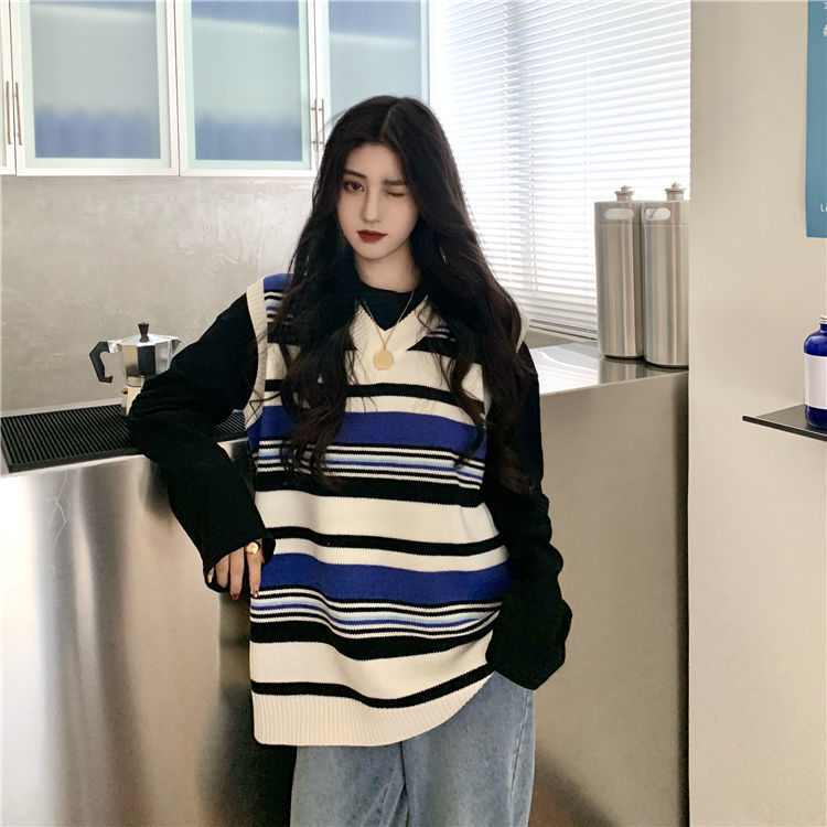 Áo Gile len không tay cổ V họa tiết kẻ sọc phong cách Hàn Quốc dành cho nữ