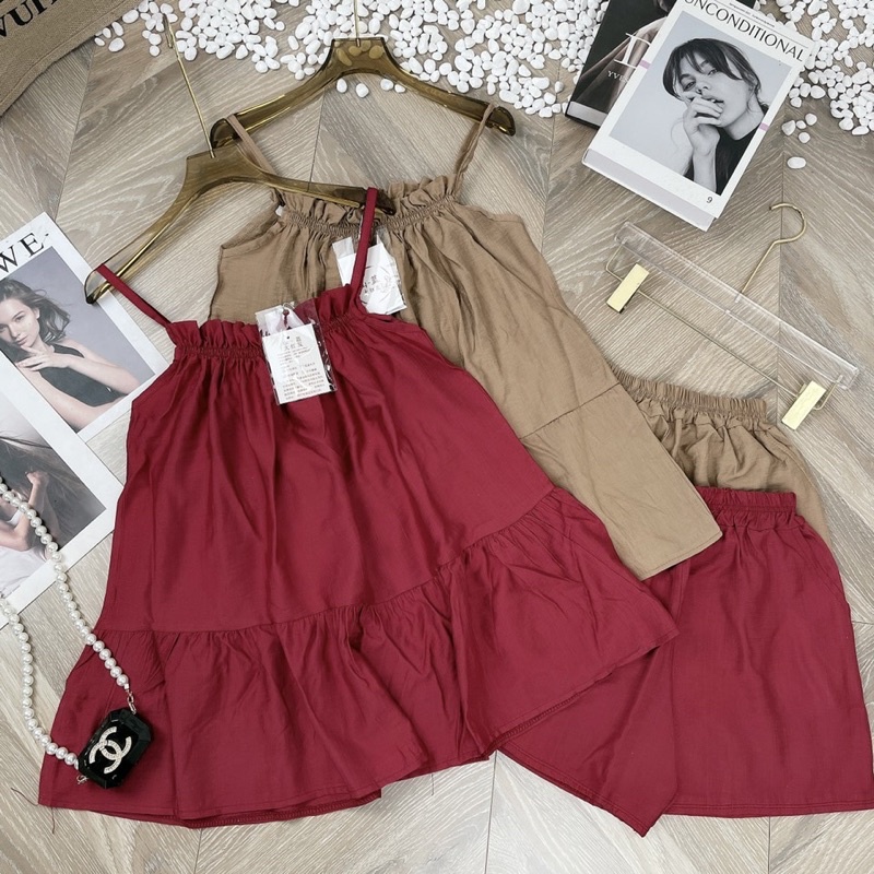 Bộ đũi 2 dây dáng xoè chun ngực babydoll dạng váy kèm quần sooc đùi