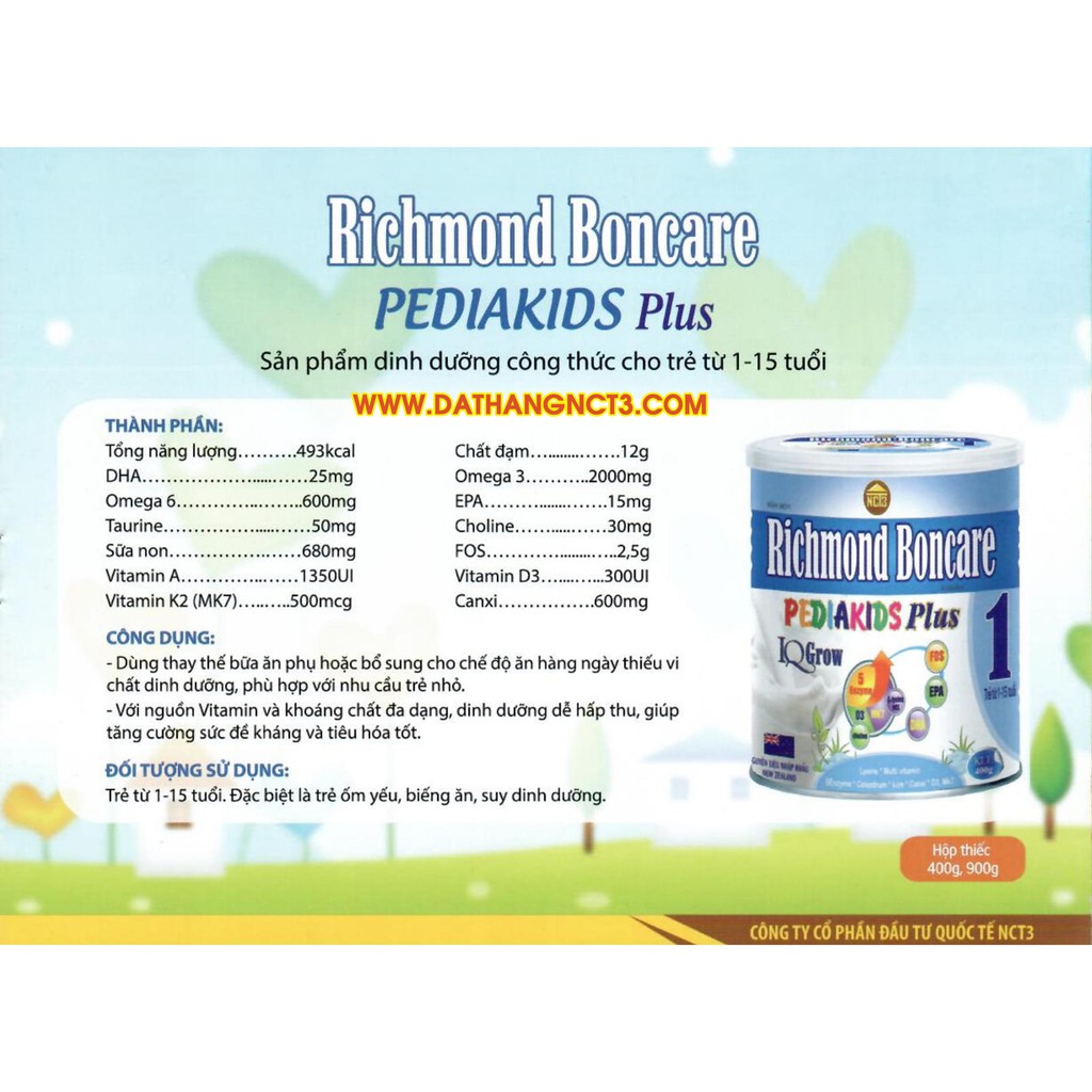 Sữa Bột Cho Trẻ từ 1-15 tuổi Richmond Boncare  PEDIAKIDS Plus (400G) ( hàng chính hãng công ty NCT3 )